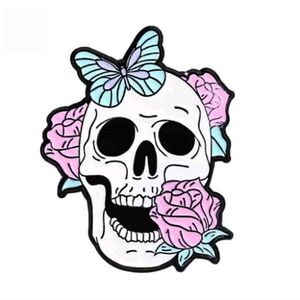 Pink Blue Skull Flowers Roses Enamel Pin